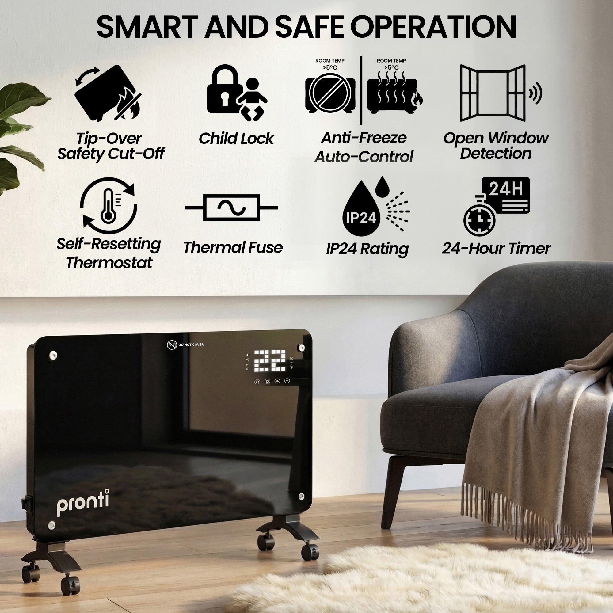 Glass Panel Convection Heater Remote LED Black | Simpledeals