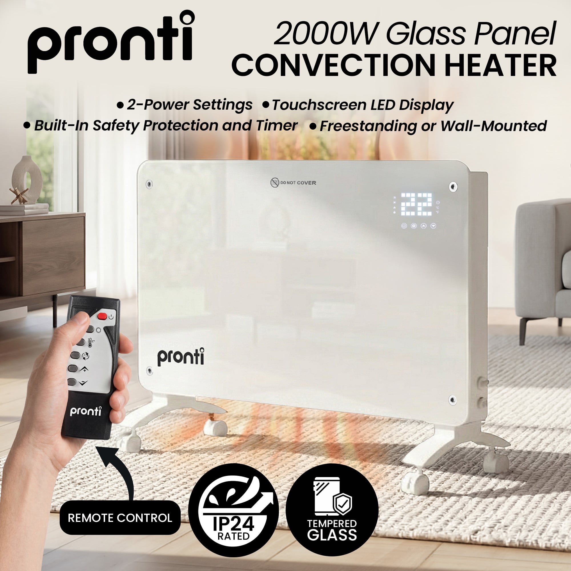 Glass Panel Convection Heater Remote 2000W | Simpledeals