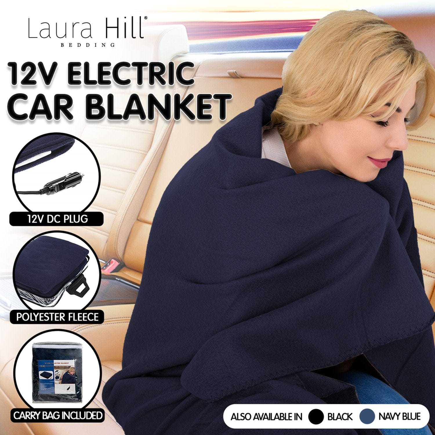 Heated Electric Car Blanket 150x110cm 12V - Blue