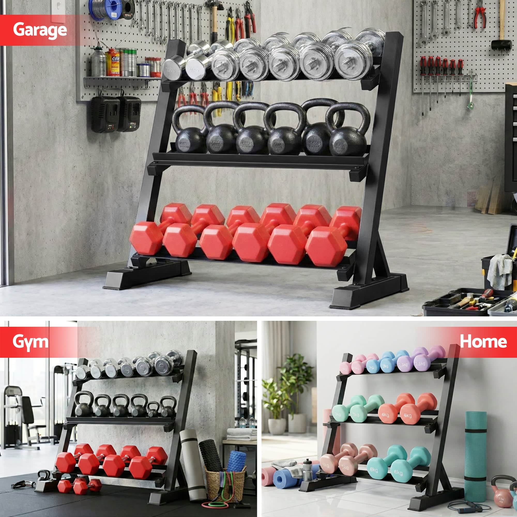 Heavy Duty 3-Tier Dumbbell Rack 300kg Storage for Home Gym Organization