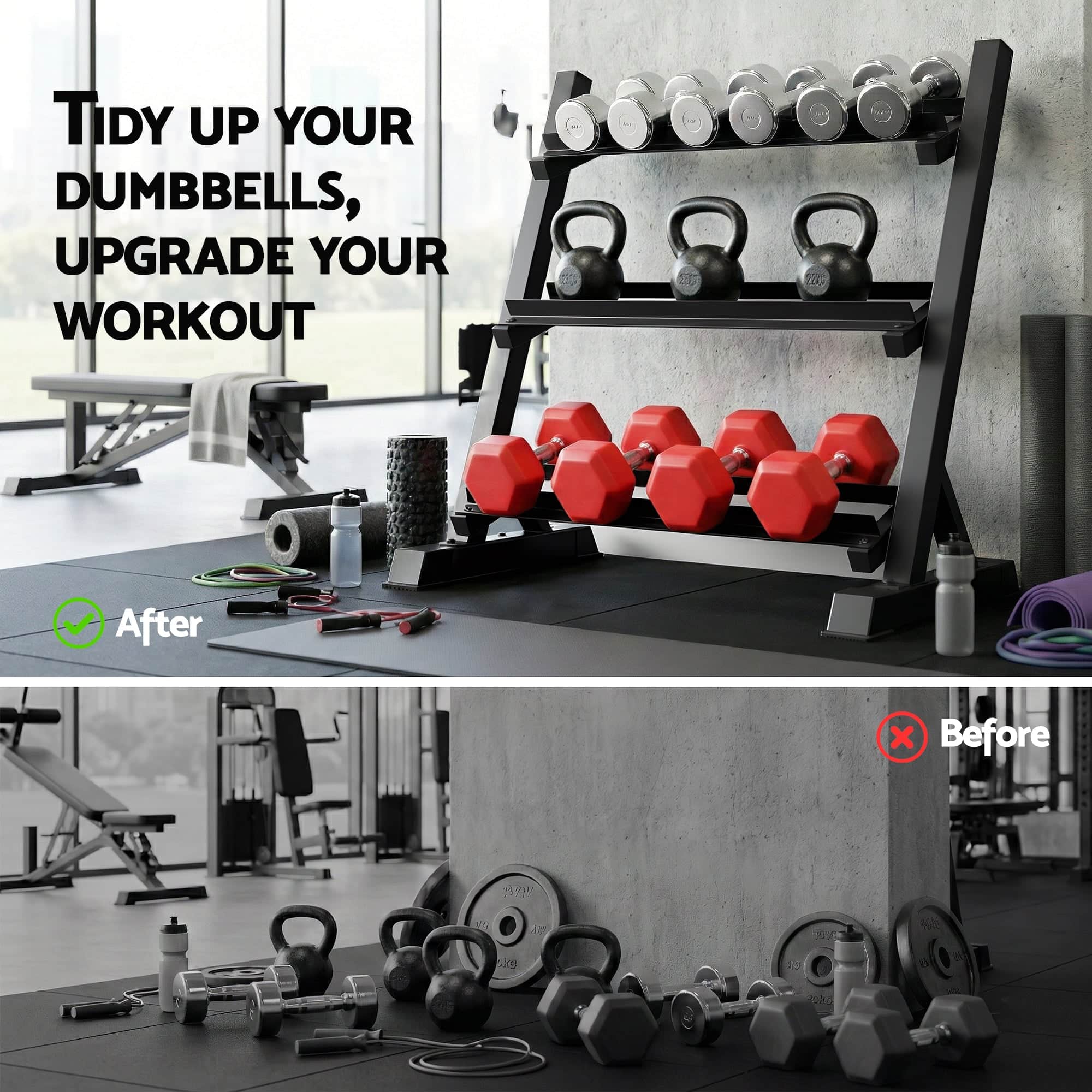 Heavy Duty 3-Tier Dumbbell Rack 300kg Storage for Home Gym Organization