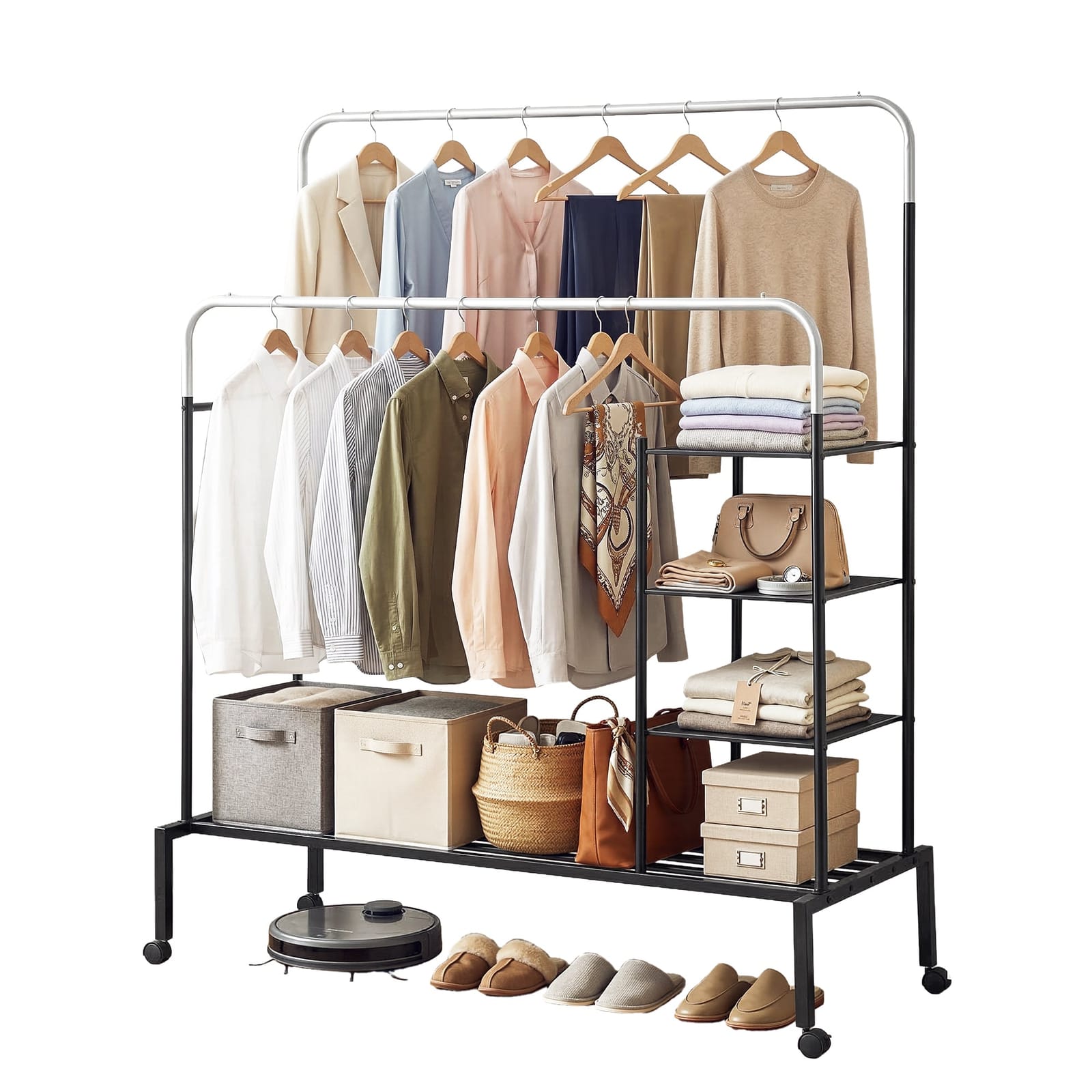 Heavy Duty 4-in-1 Clothes Rack Double Rod Coat Stand Storage Shelf | Double - photo 11