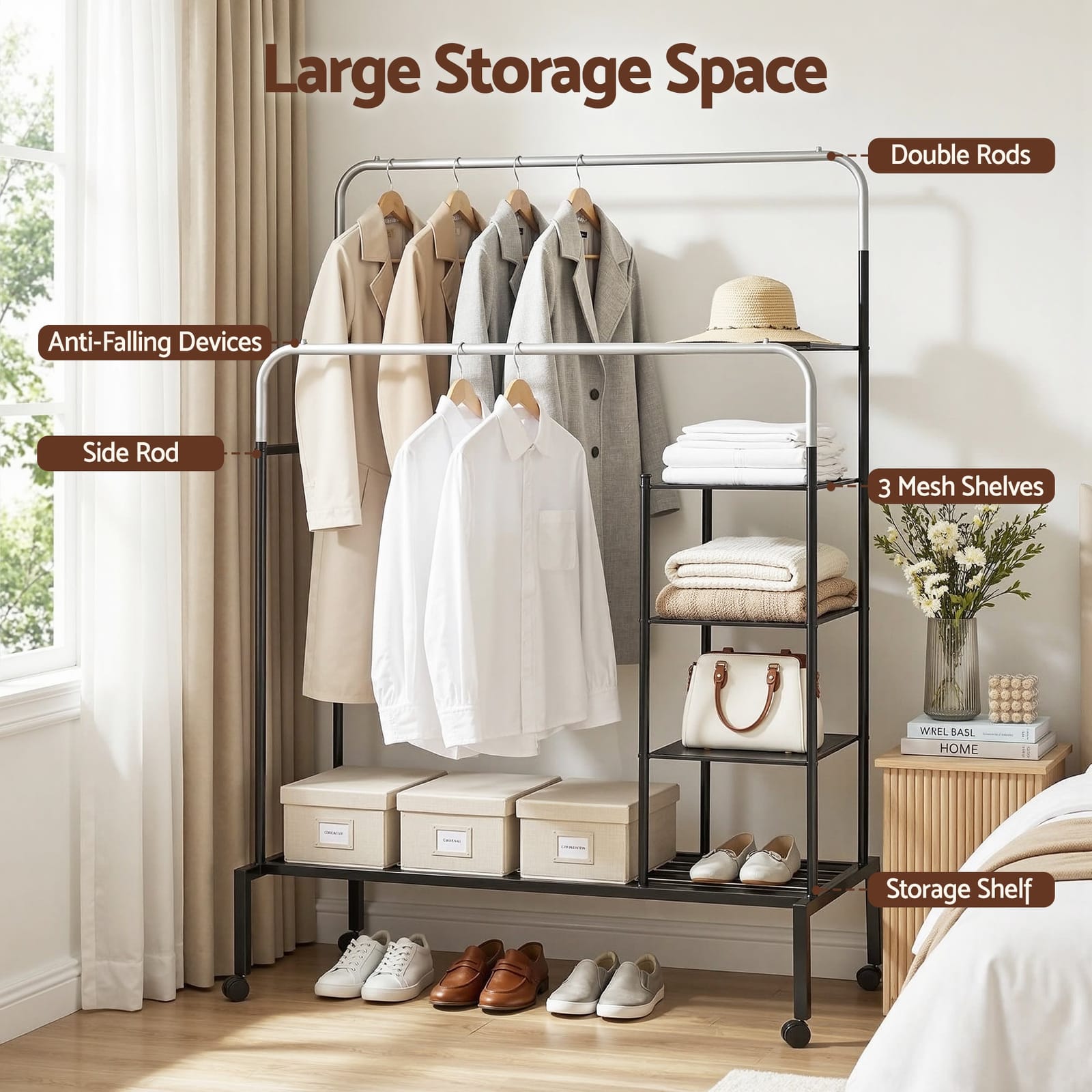 Heavy Duty 4-in-1 Clothes Rack Double Rod Coat Stand Storage Shelf with Double - photo 13