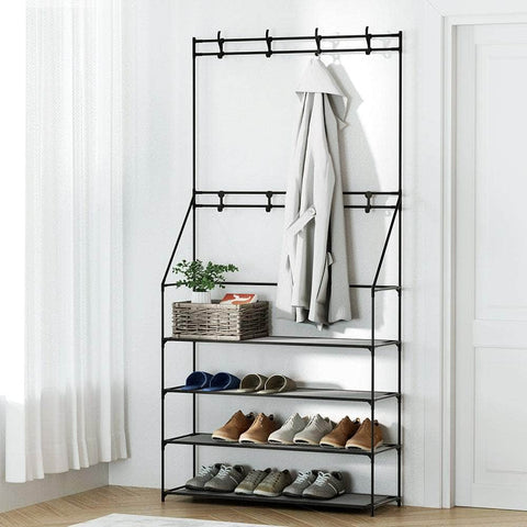 Heavy-Duty Hall Tree Shoe Rack - 16 Pairs Black