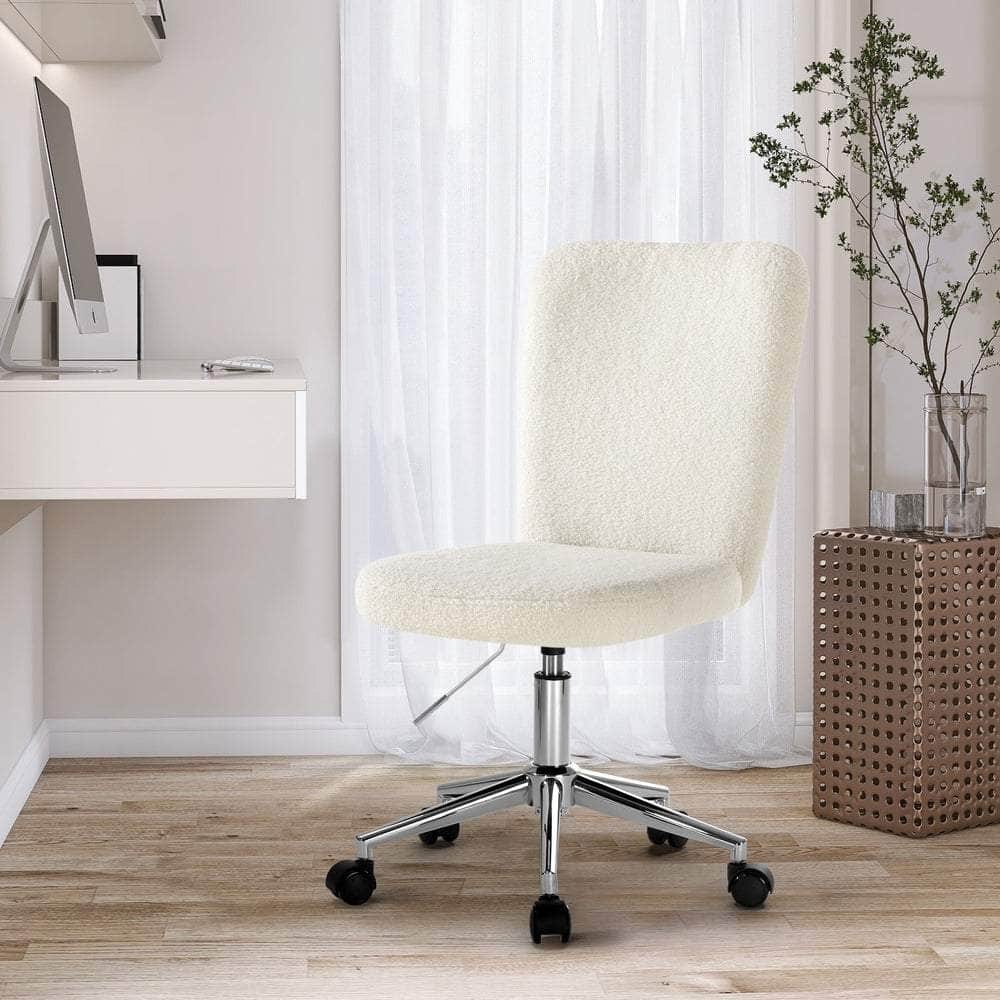 High Back Armless Office Chair Boucle White, Black, & Silver