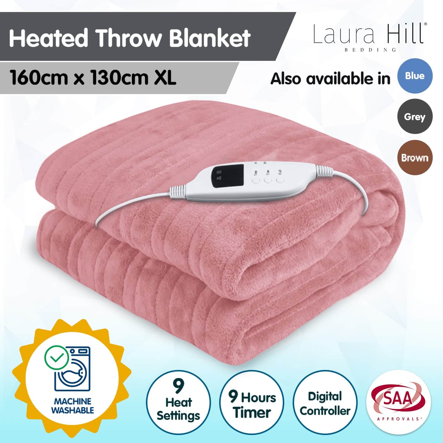 Hill Heated Electric Blanket Throw Rug Coral Warm Fleece Pink
