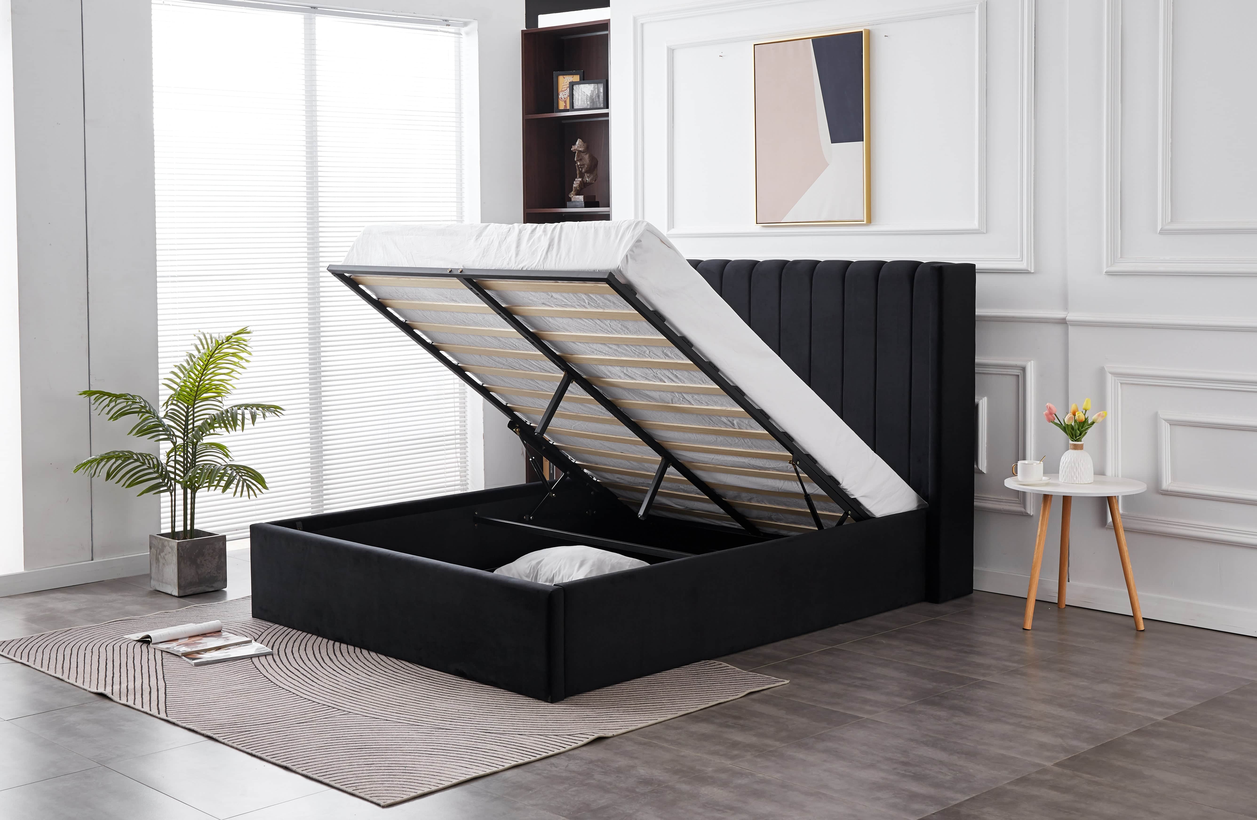 Hilton Black Velvet Gas Lift Bed - Queen Gas Lift Storage Velvet
