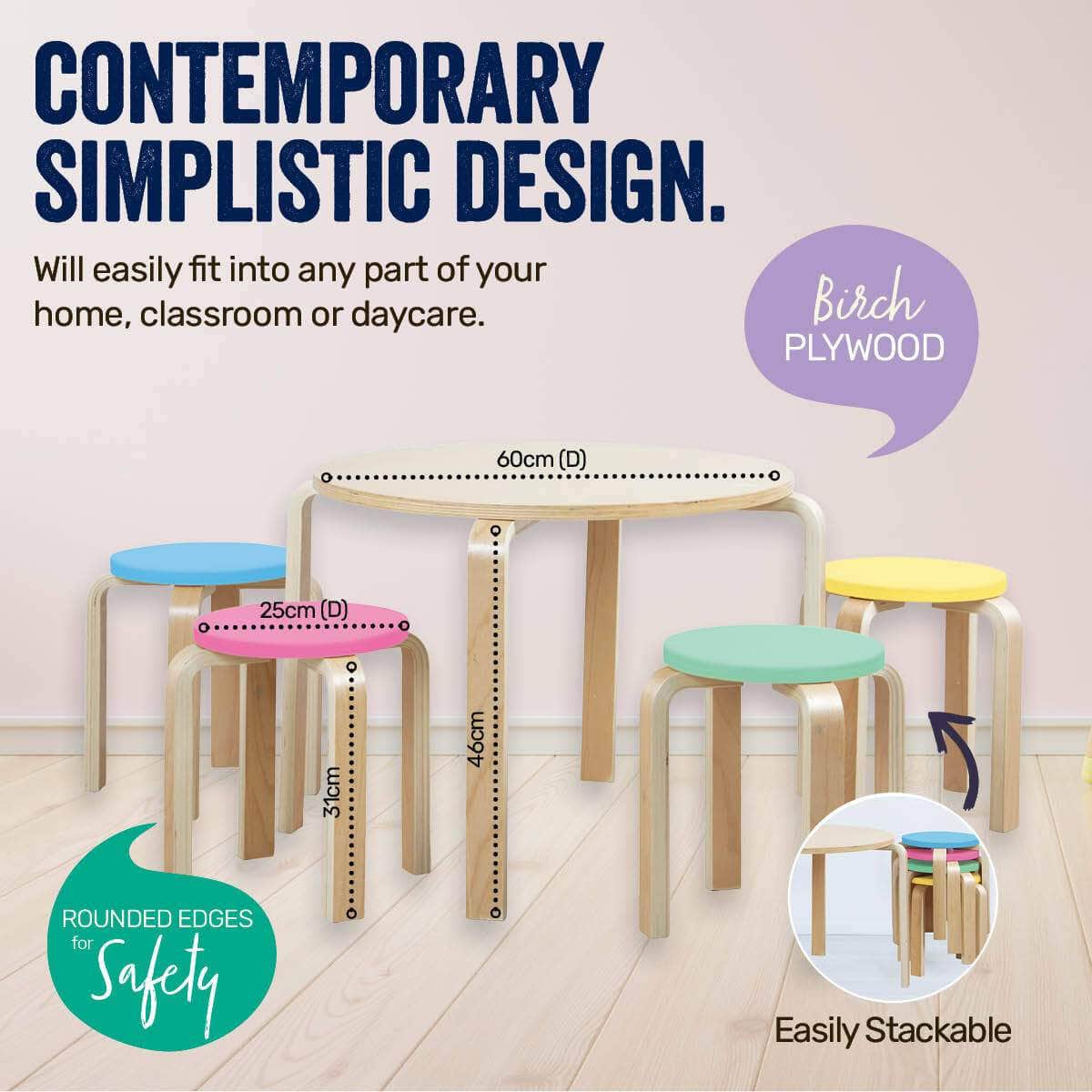 Home M5Pce Kids Wooden Table &Amp; Coloured Stools Set Stackable Sturdy