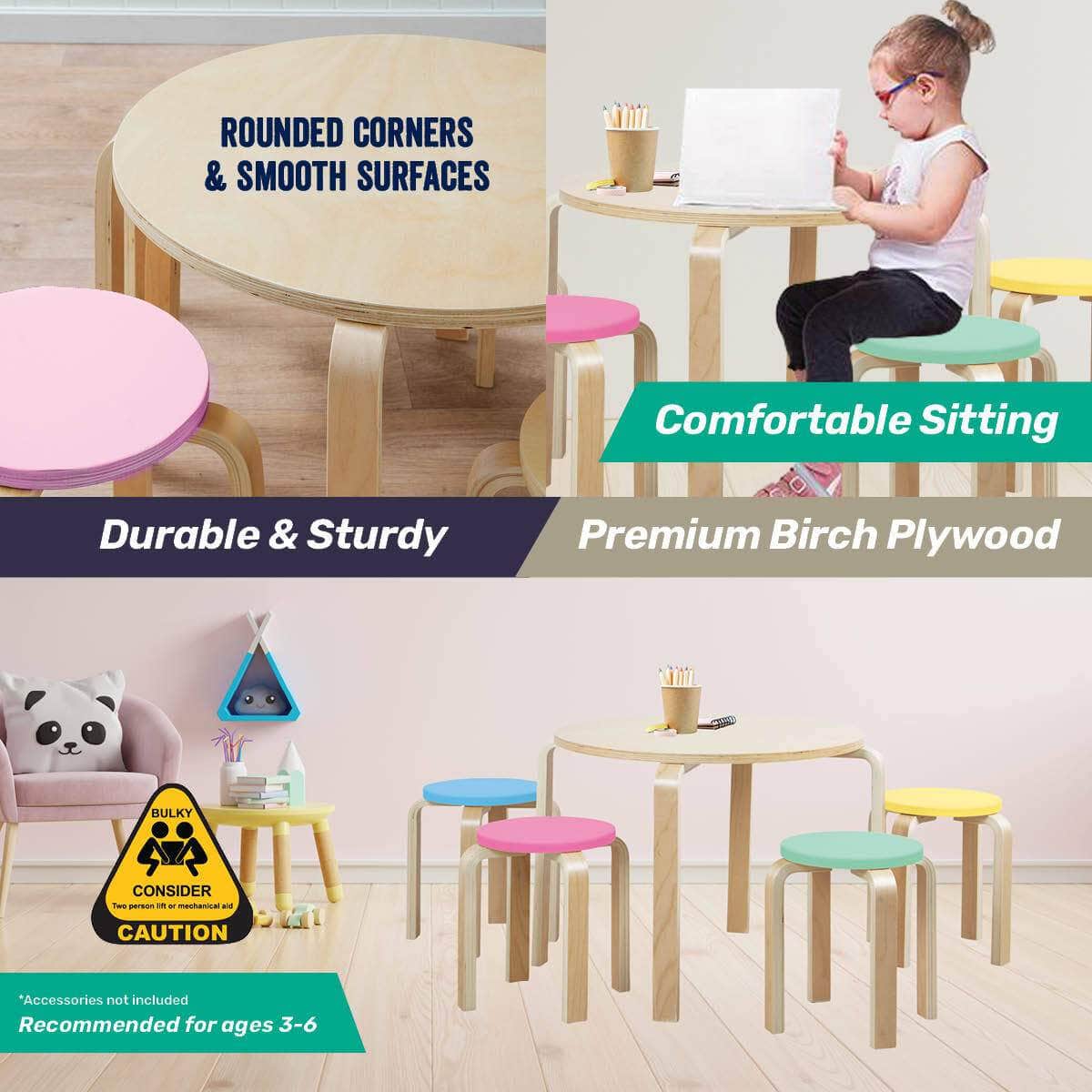 Home M5Pce Kids Wooden Table &Amp; Coloured Stools Set Stackable Sturdy