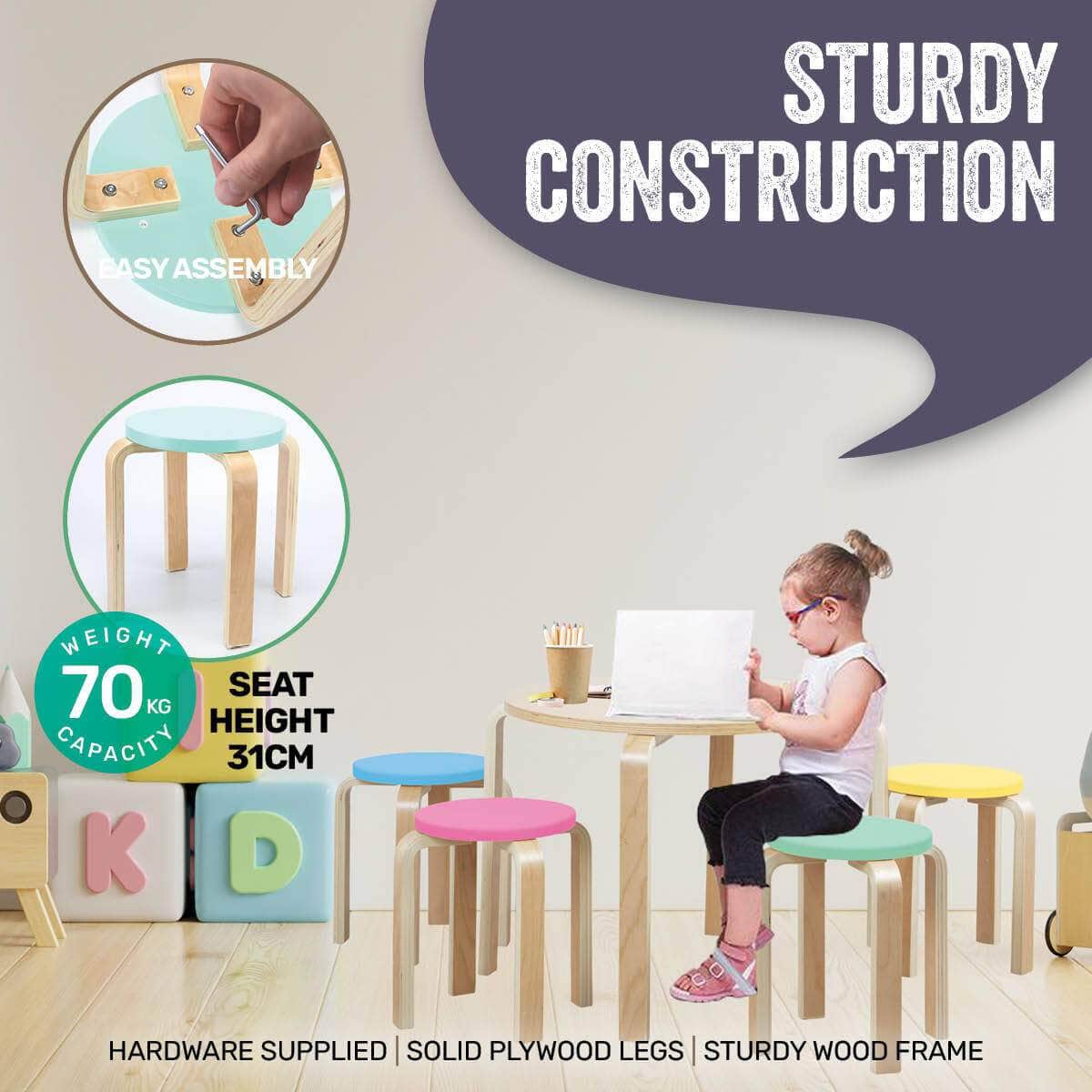 Home M5Pce Kids Wooden Table &Amp; Coloured Stools Set Stackable Sturdy