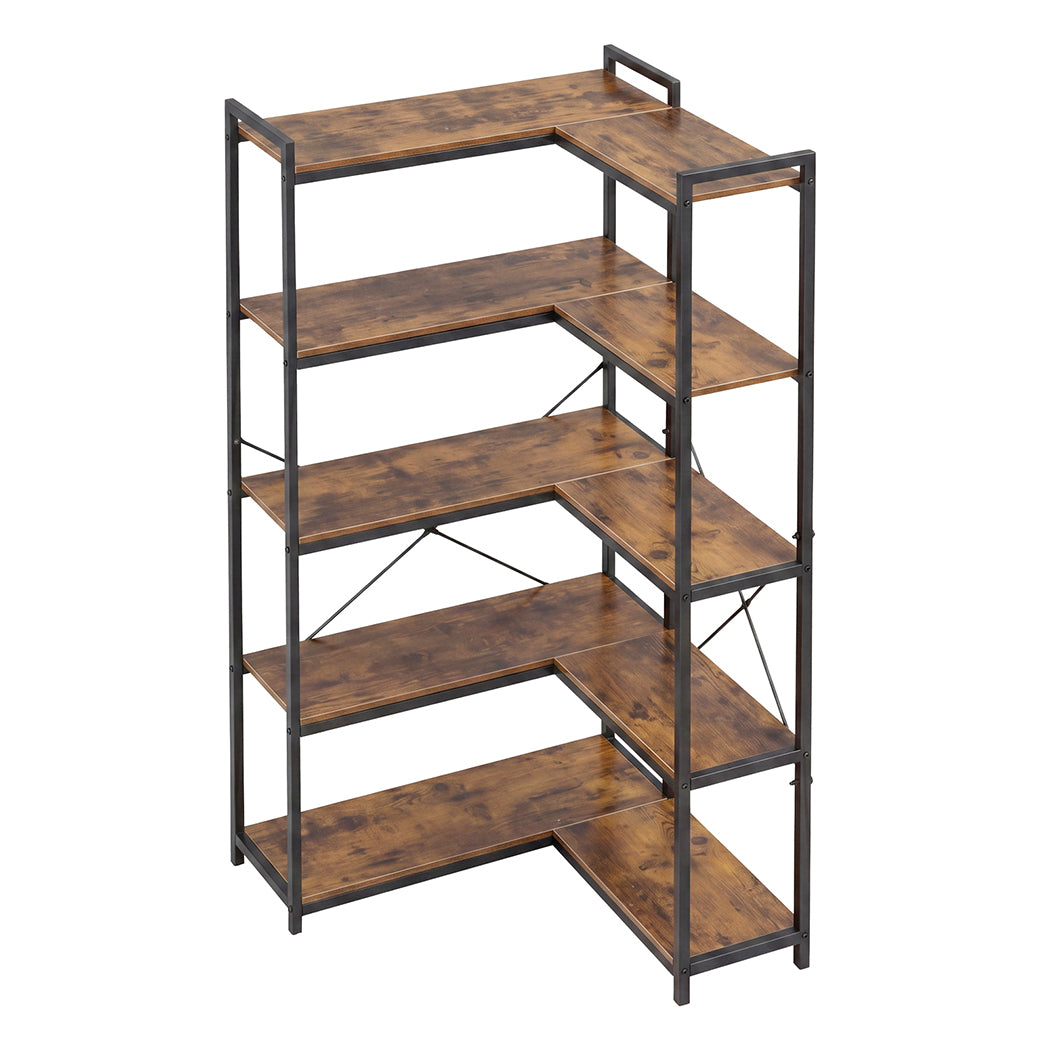 5 Tier Corner Bookshelf L-Shape Storage Brown | Simpledeals