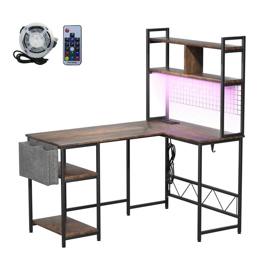 Brown colour - Contemporary L Shaped Gaming Desk with LED Lights Brown  Easy