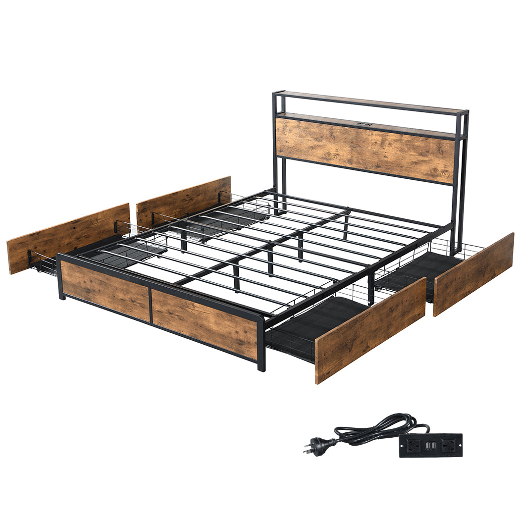 id13&14 - Queen Bed Frame With RGB LED And 4 Storage Drawers USB Charging