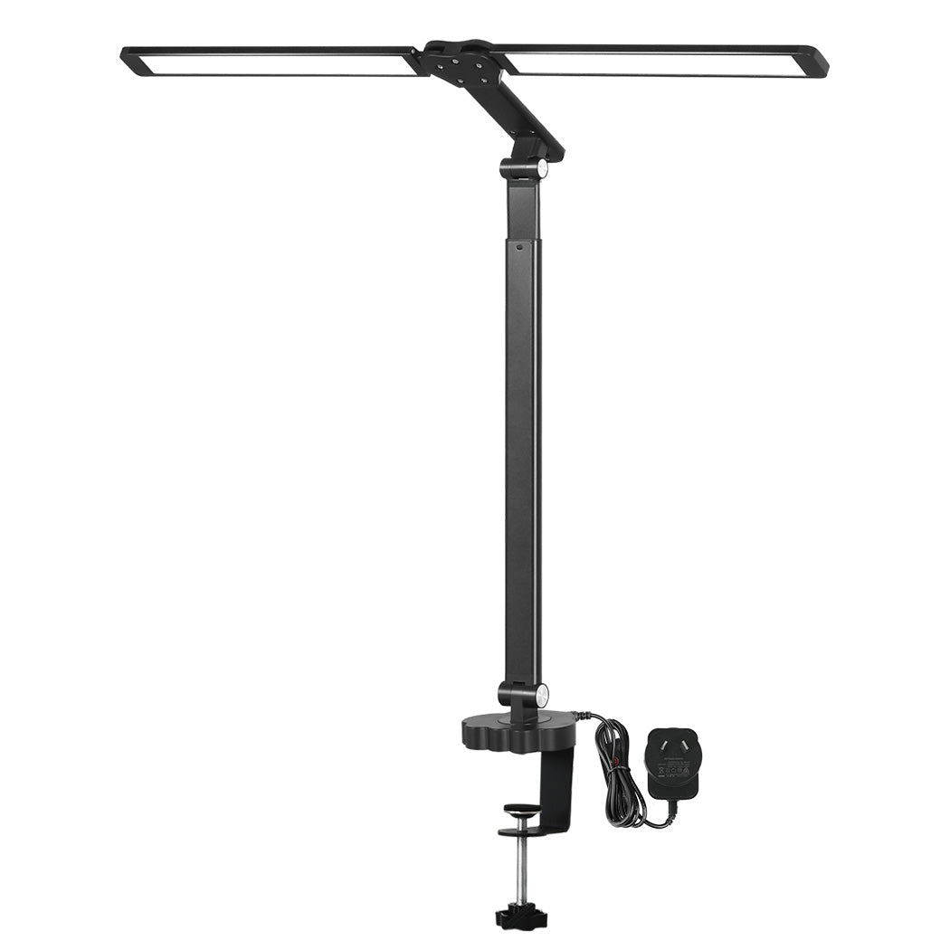 Double - Ergonomic Double Head LED Desk Lamp Dimmable With Clamp  Wood Finish