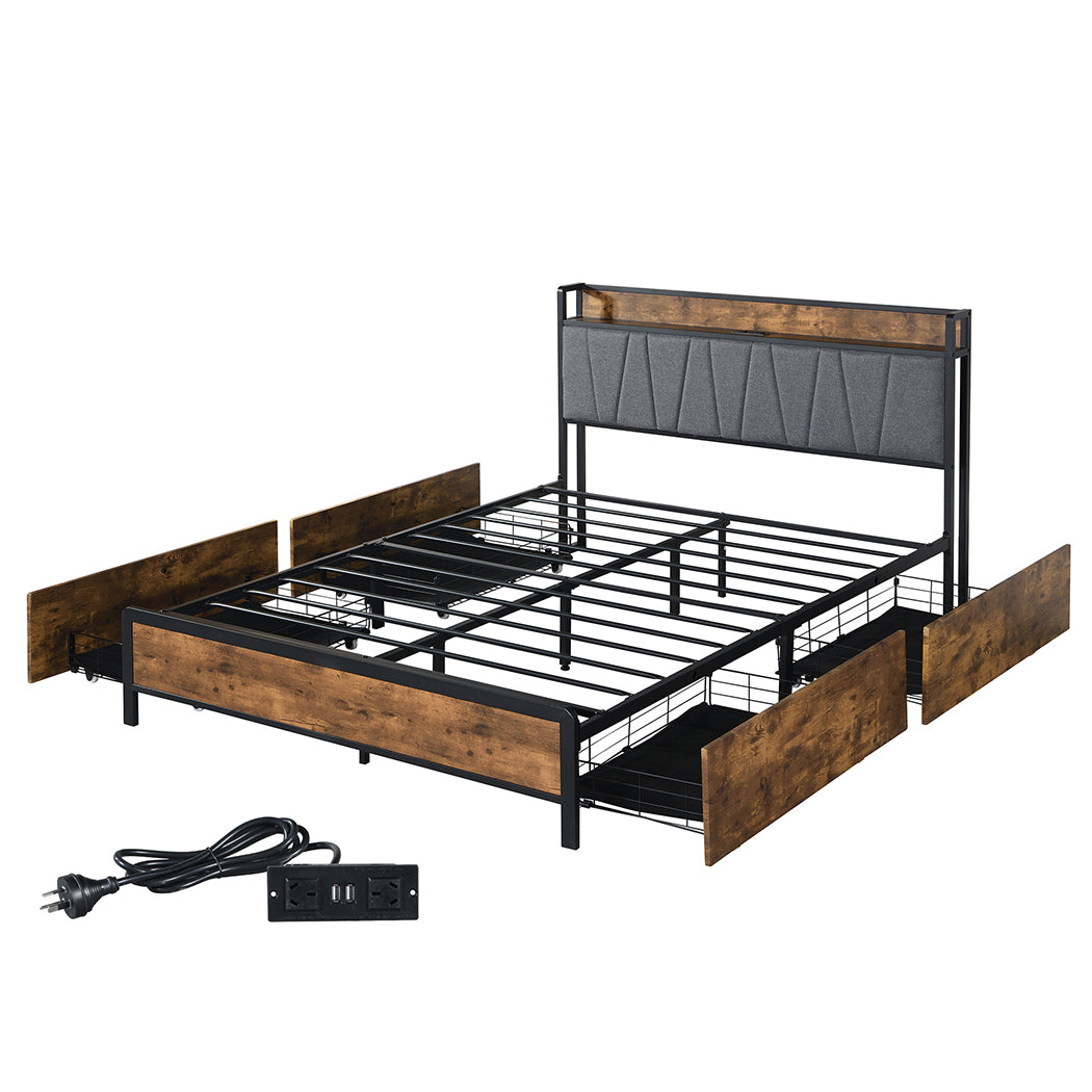 Queen Bed Frame With Soft Storage Drawers And USB Charging Headboard