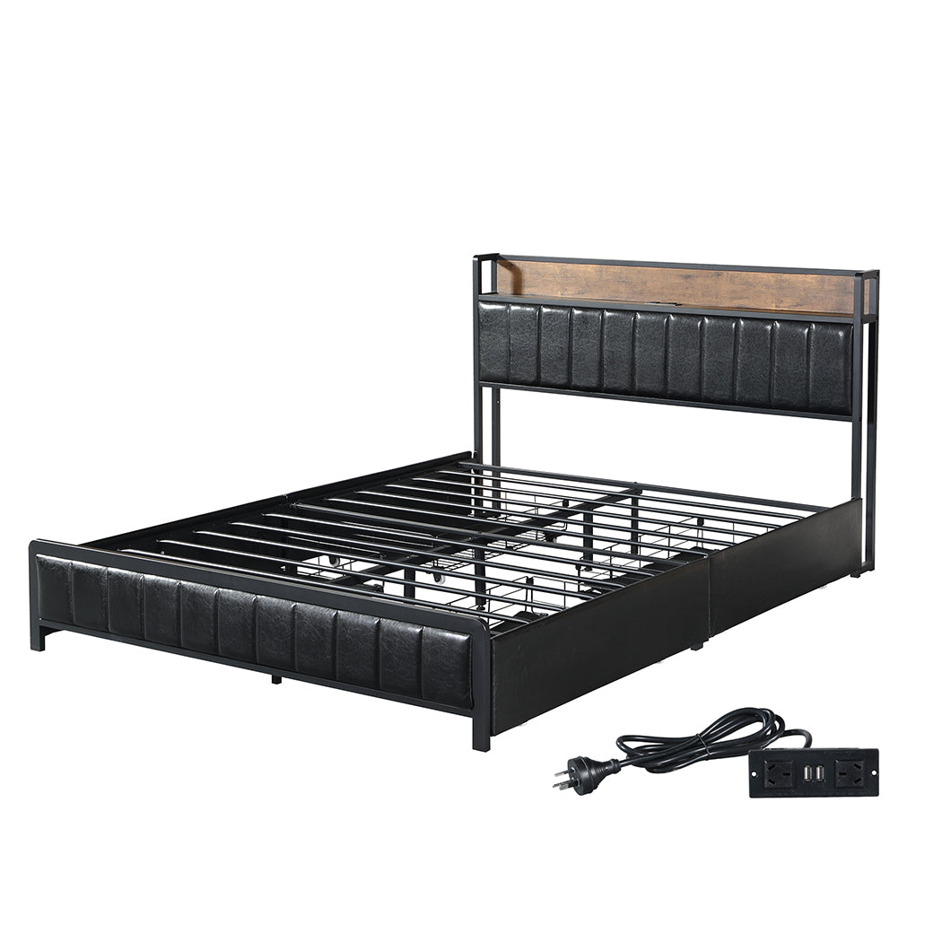 Queen Bed Frame With 4 Storage Drawers With USB Charge