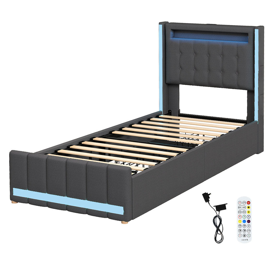 Single Bed Frame With Fabric Storage Drawer And LED USB