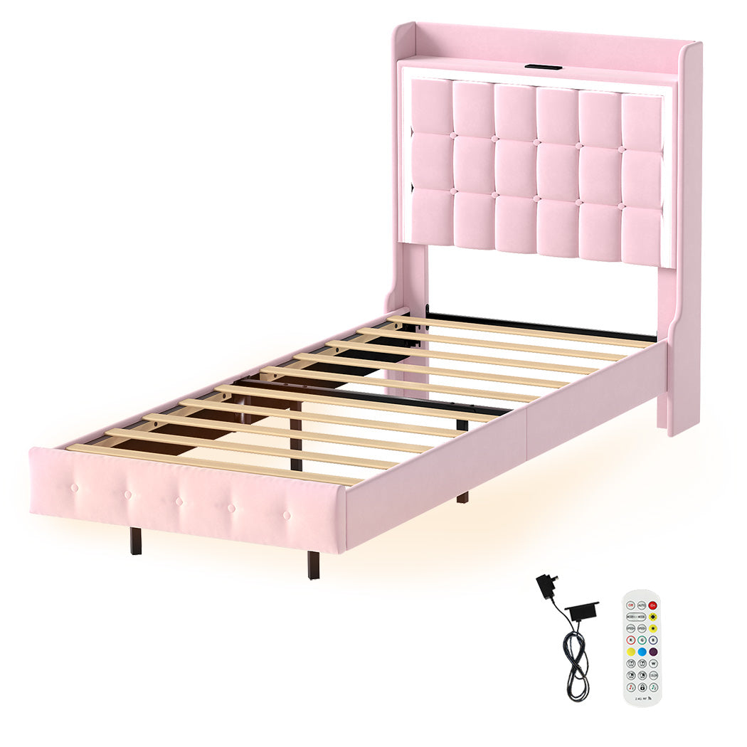 Floating Bed Frame LED Headboard Pink 204x92x112.5cm