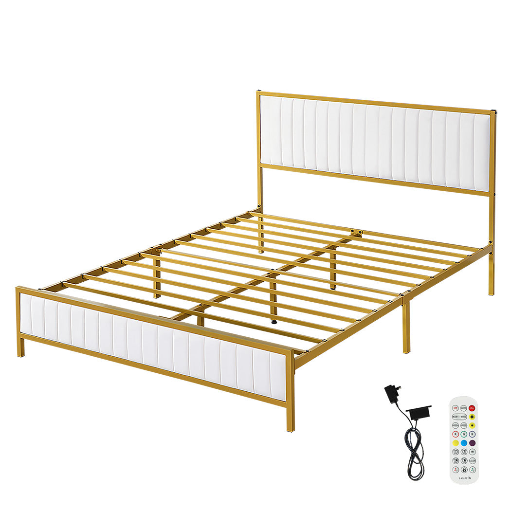 Metal Bed Frame With Under Bed Storage Double Beige Mattress Base
