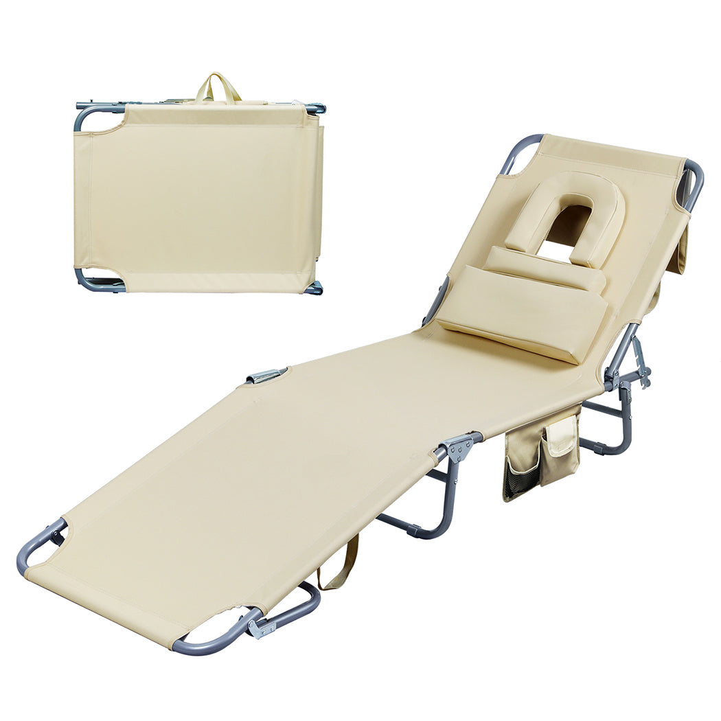 id4 - Compact Foldable Beach Lounge Chairs with Face Hole Khaki  Scandi