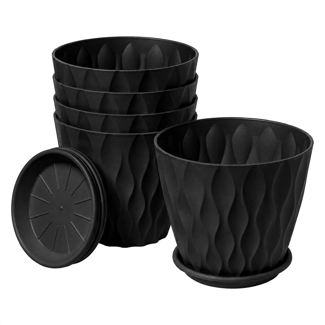 8 Inch Black Planter Pots Set 5 Drainage Saucers | Simpledea