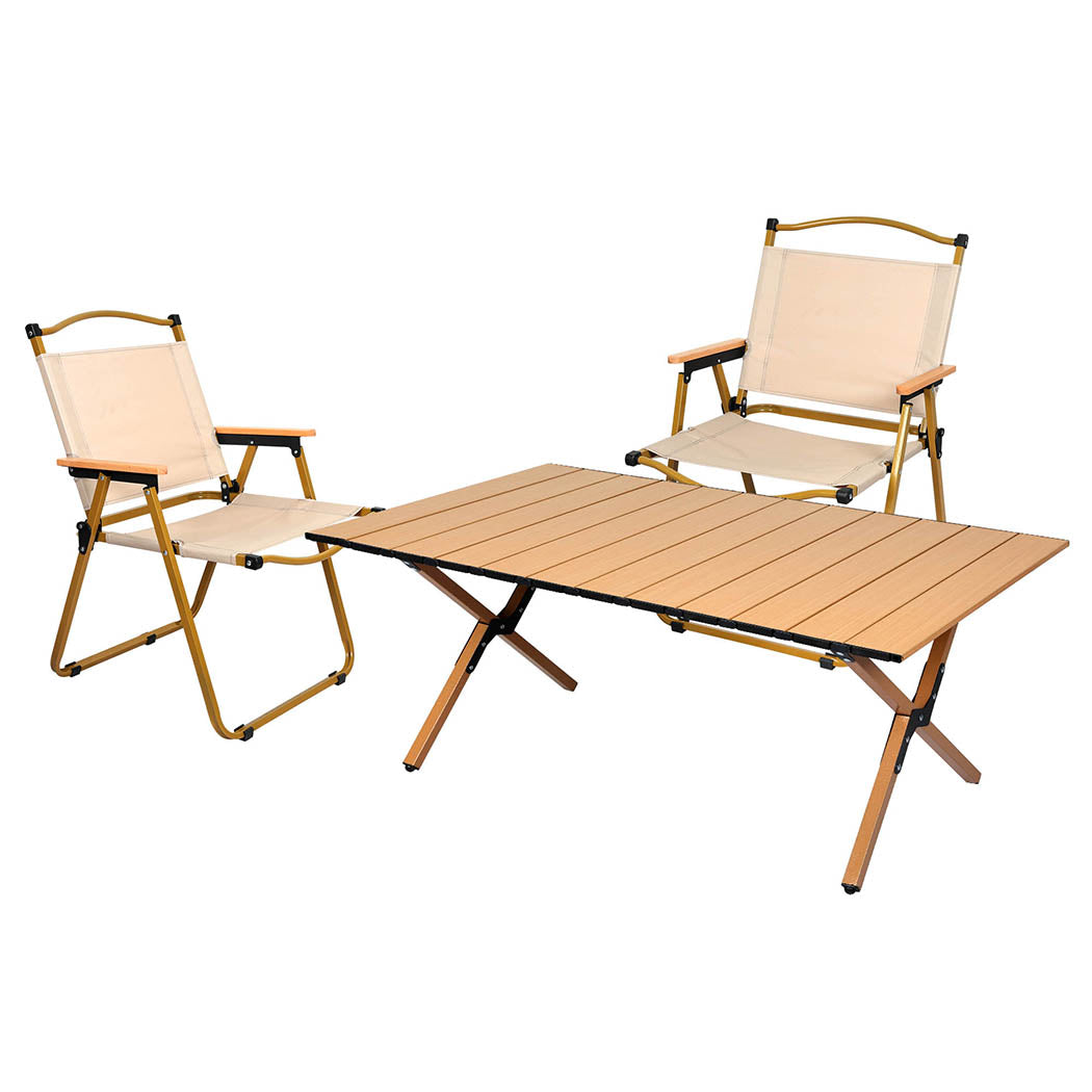 Folding Camping Table & Chair Set Oak Portable Outdoor Furniture