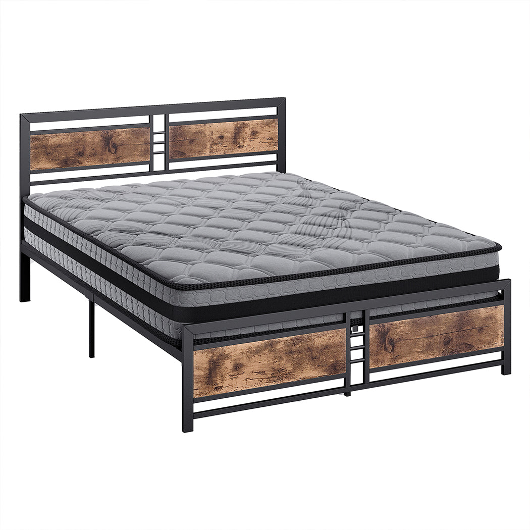 Metal Bed Frame With Wooden Slats Queen Mattress Base Set