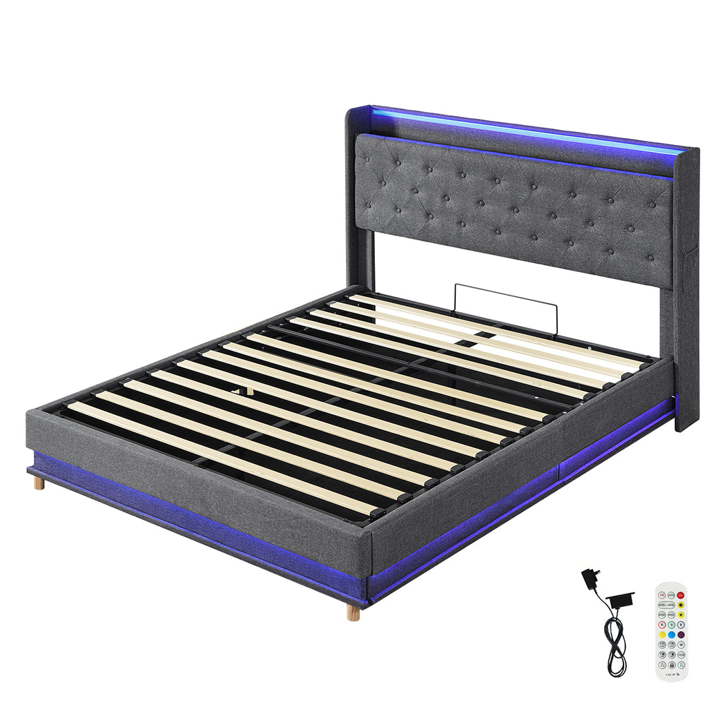Queen Bed Frame With Gas Lift Storage And LED Light