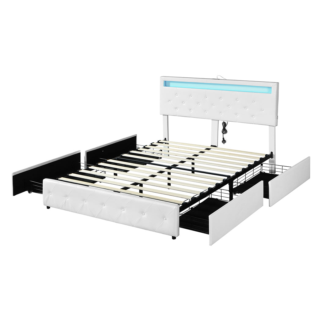 Queen Bed Frame With RGB LED And 4 Storage Drawers USB