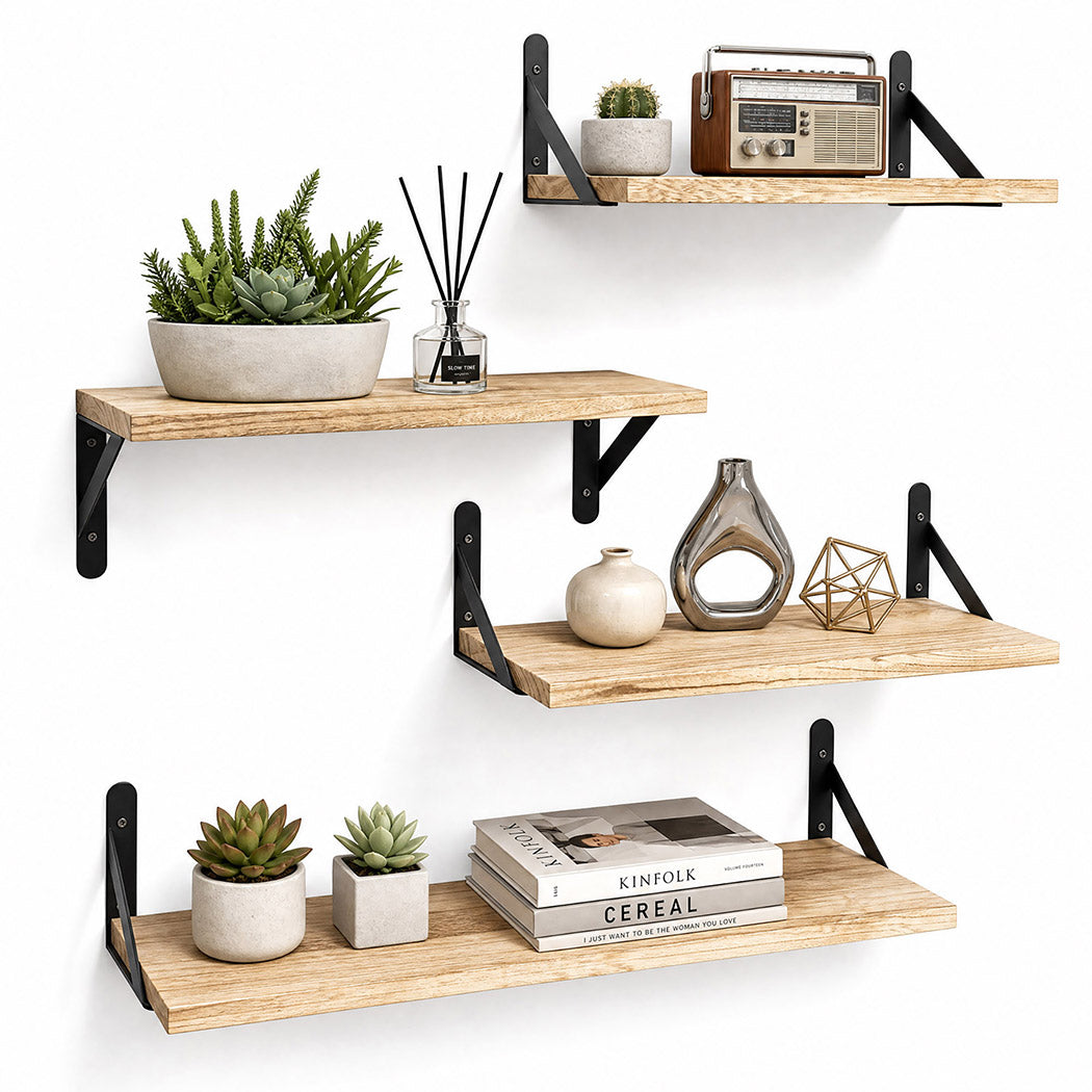 Floating Wall Shelves Rustic Wood 4pc Set | Simpledeals