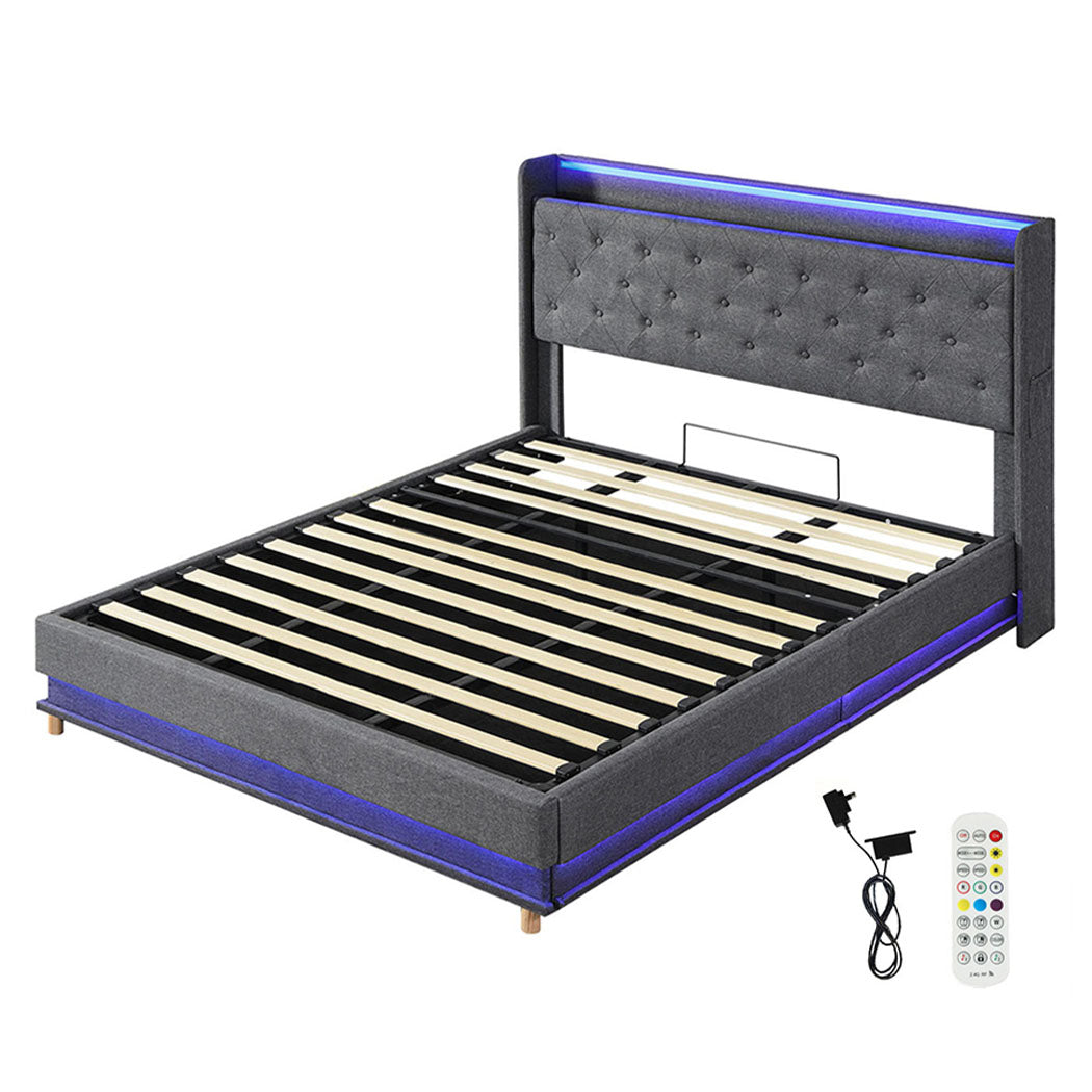 King Bed Frame With Gas Lift Storage And LED Light USB Charging