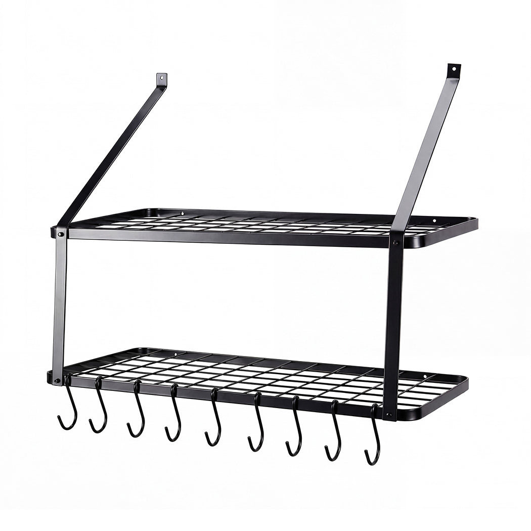 Wall Mounted Pot Pan Rack 10 Hooks Matte Black | Simpledeals