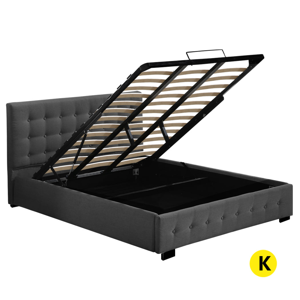 King Fabric Bed Frame Dark Grey Tufted Upholstered Bedroom Furniture