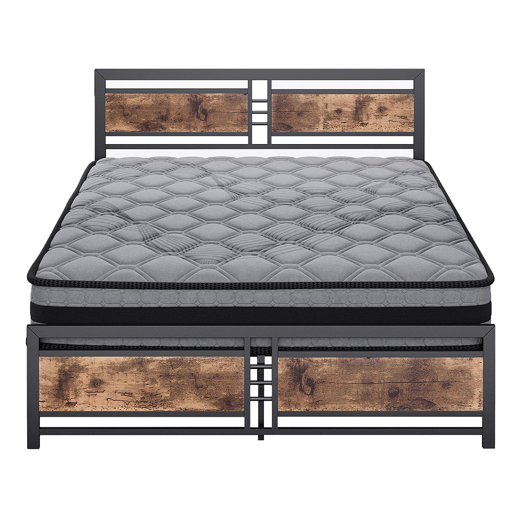 Metal Bed Frame With Wooden Slats Queen Mattress Base Set