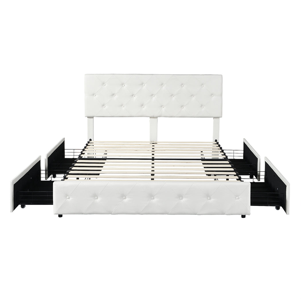 Queen Bed Frame Tufted Upholstered With 4 Storage Drawers