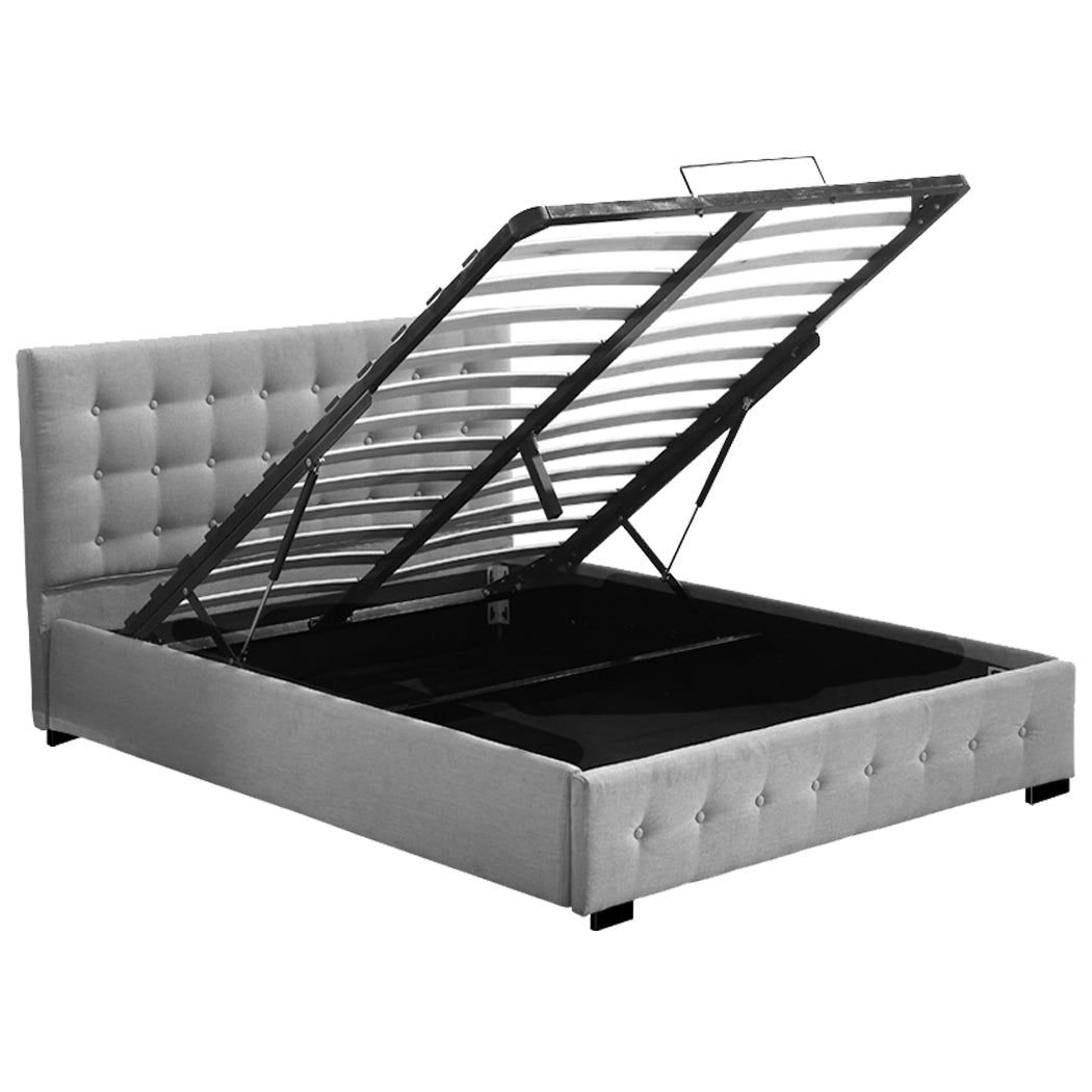 Queen Bed Frame Tufted Fabric Upholstered Grey Mattress Base