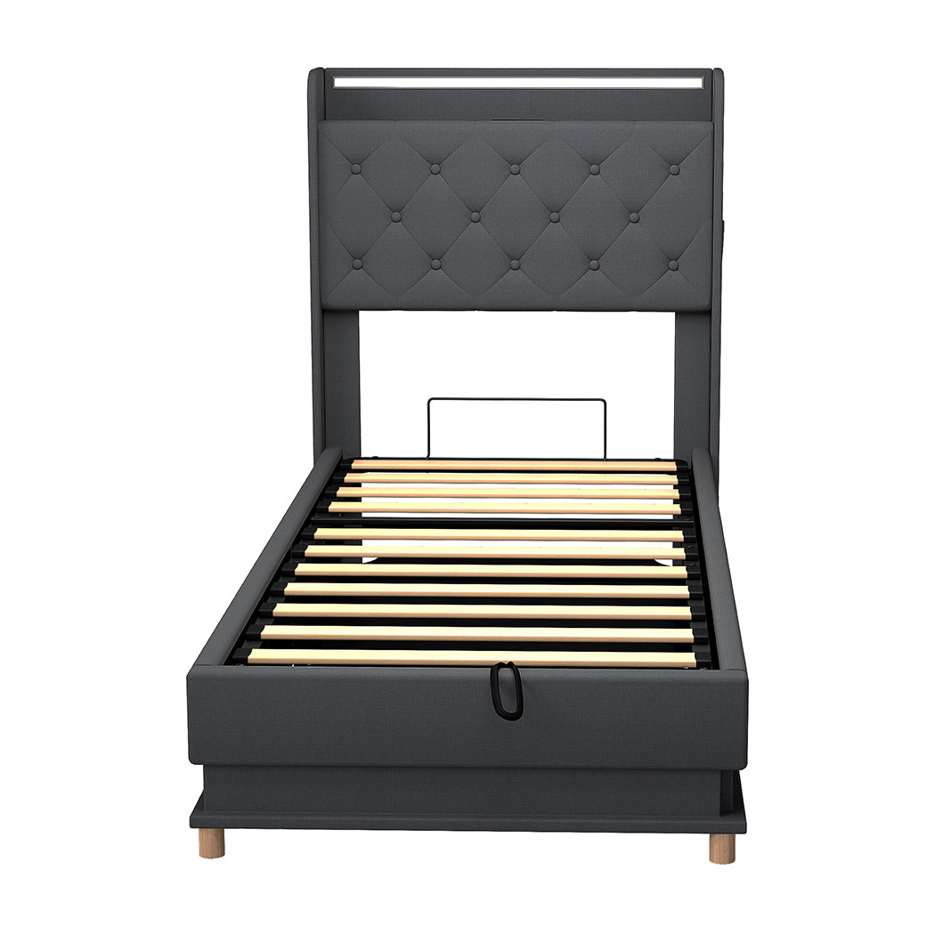 Single Bed Frame With Gas Lift Storage And LED Light USB Charging
