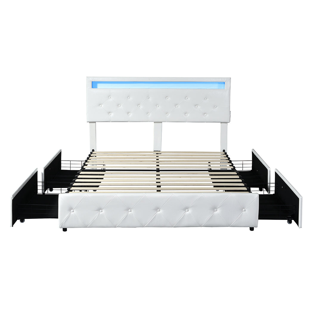 Queen Bed Frame With RGB LED And 4 Storage Drawers USB