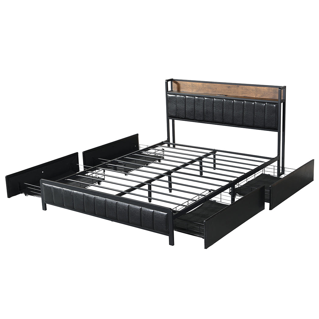 Queen Bed Frame With 4 Storage Drawers With USB Charge