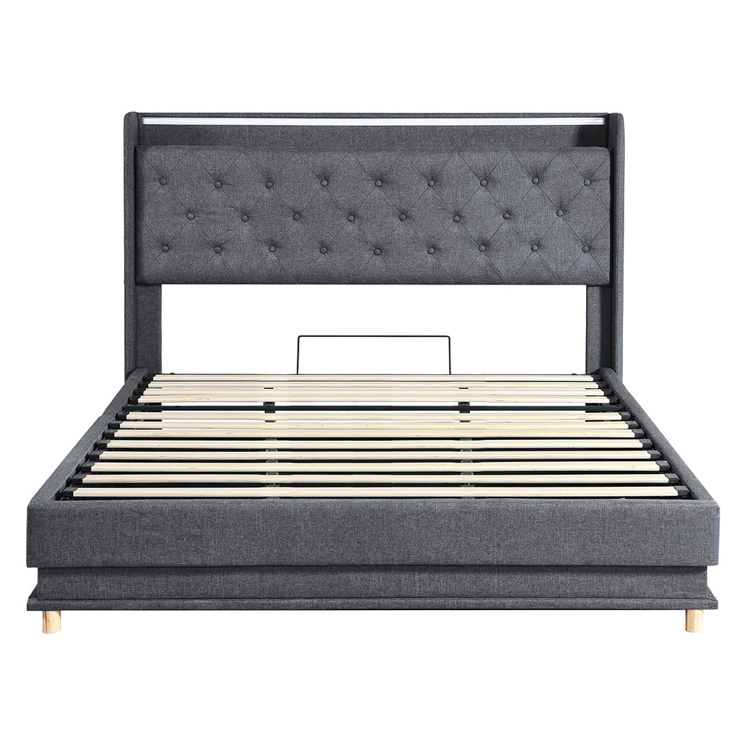 King Bed Frame With Gas Lift Storage And LED Light USB Charging