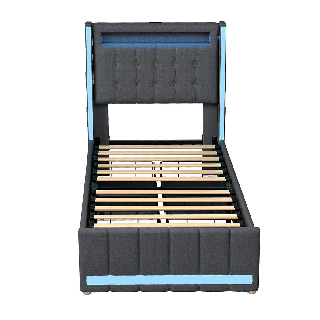 Single Bed Frame With Fabric Storage Drawer And LED USB