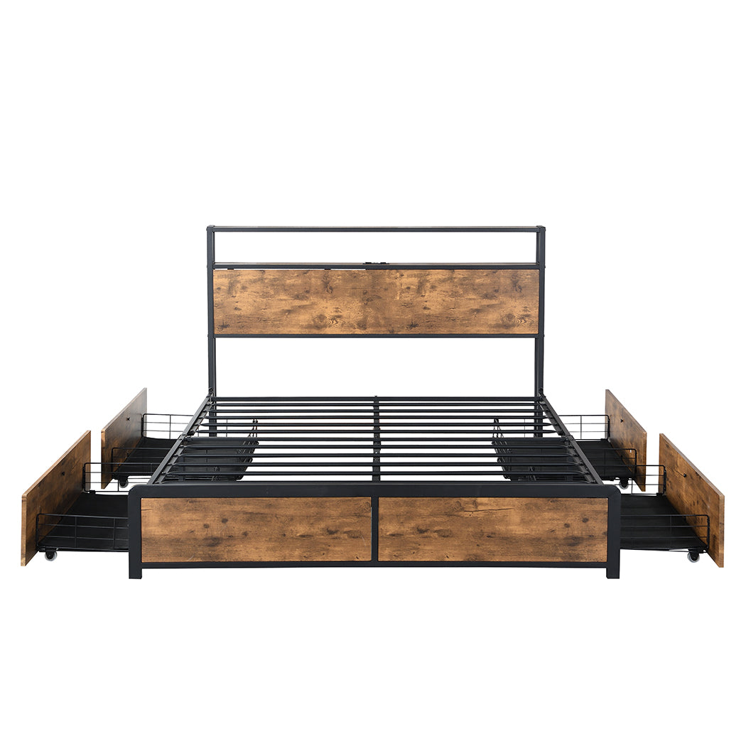 Queen Bed Frame With RGB LED And 4 Storage Drawers USB Charging | Queen
