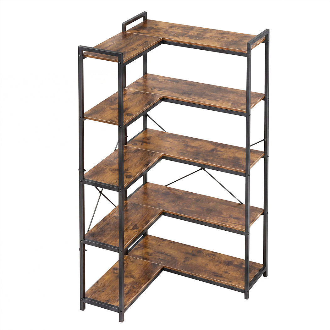 5 Tier Corner Bookshelf L-Shape Storage Brown | Simpledeals