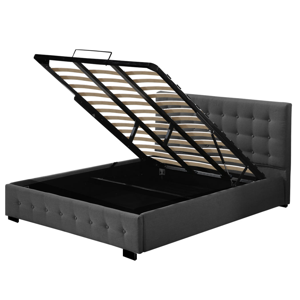 King Fabric Bed Frame Dark Grey Tufted Upholstered Bedroom Furniture