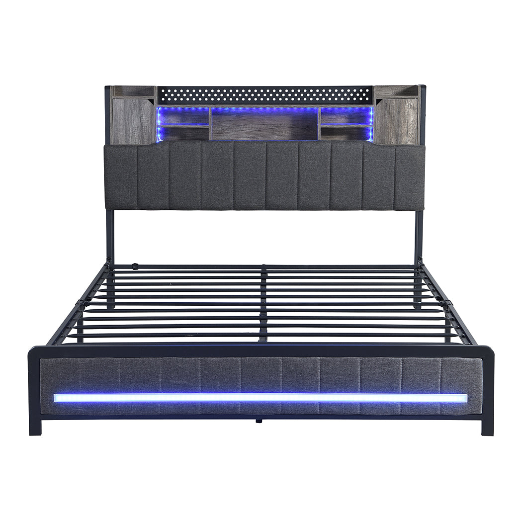 Queen Bed Frame With Storage Headboard And RGB LED Lighting | Queen