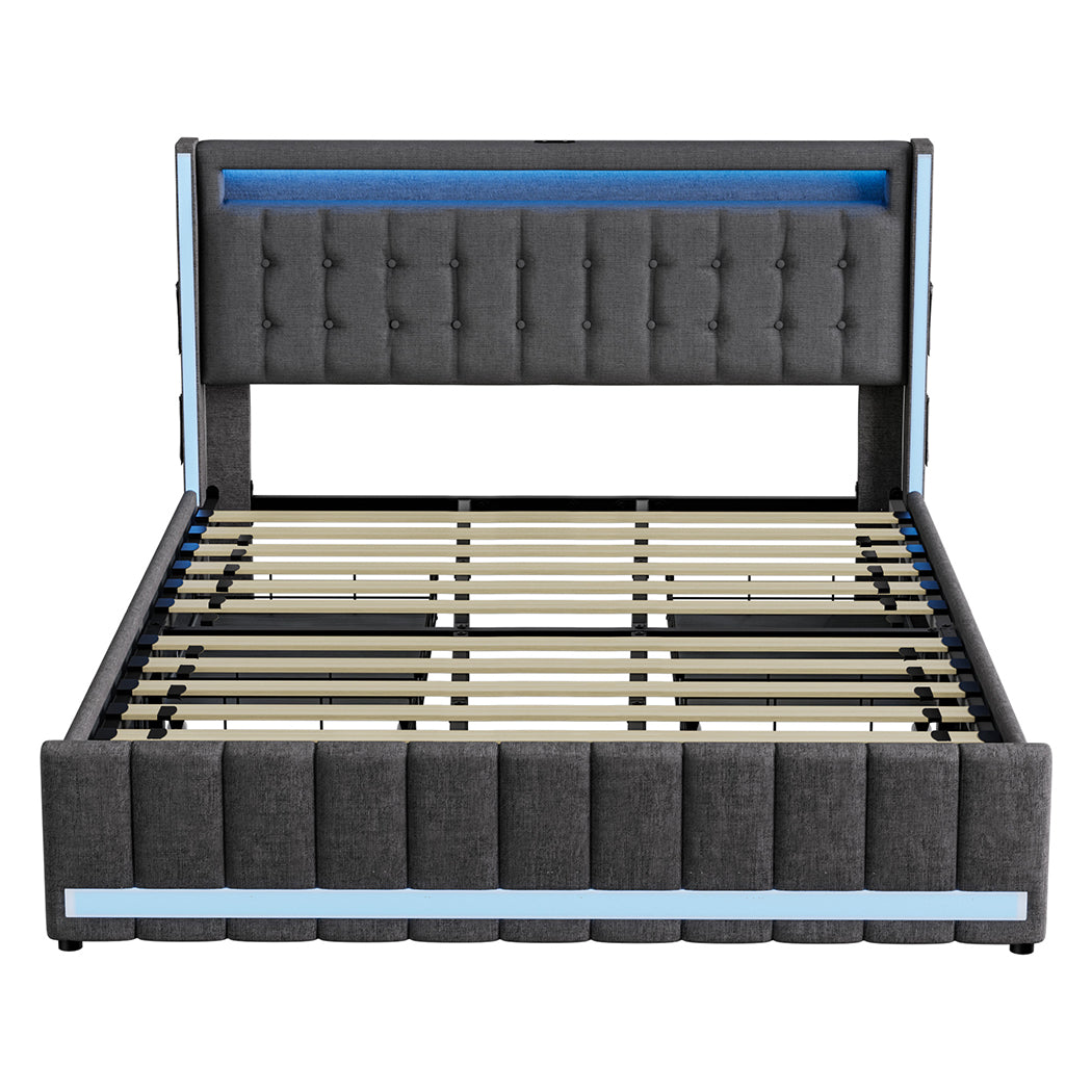King Bed Frame With Fabric Storage Drawer And LED USB