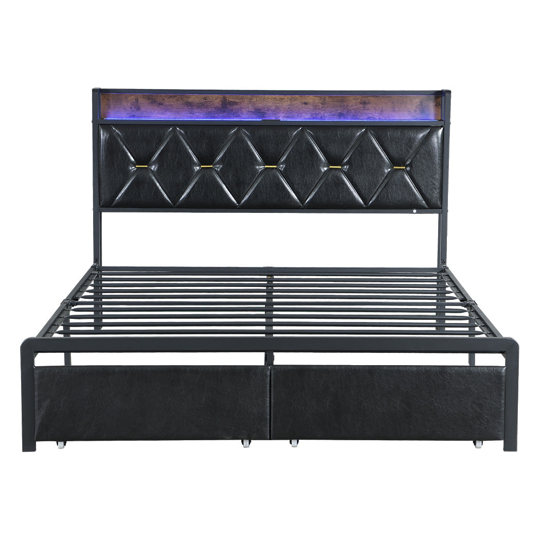 Metal Bed Frame With LED Lights And Storage Drawers | Metal finish