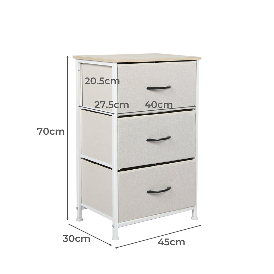 Storage Cabinet Tower Dresser - Chest of 3 Drawers Bedside Table Beige