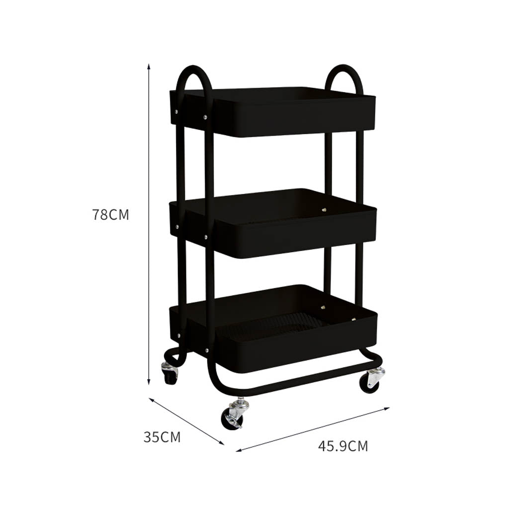 Steel Storage Rack - 3 Tiers Kitchen Trolley Cart Black