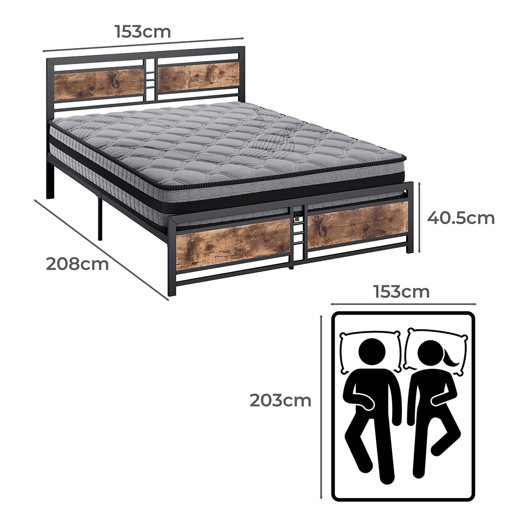 Metal Bed Frame With Wooden Slats Queen Mattress Base Set